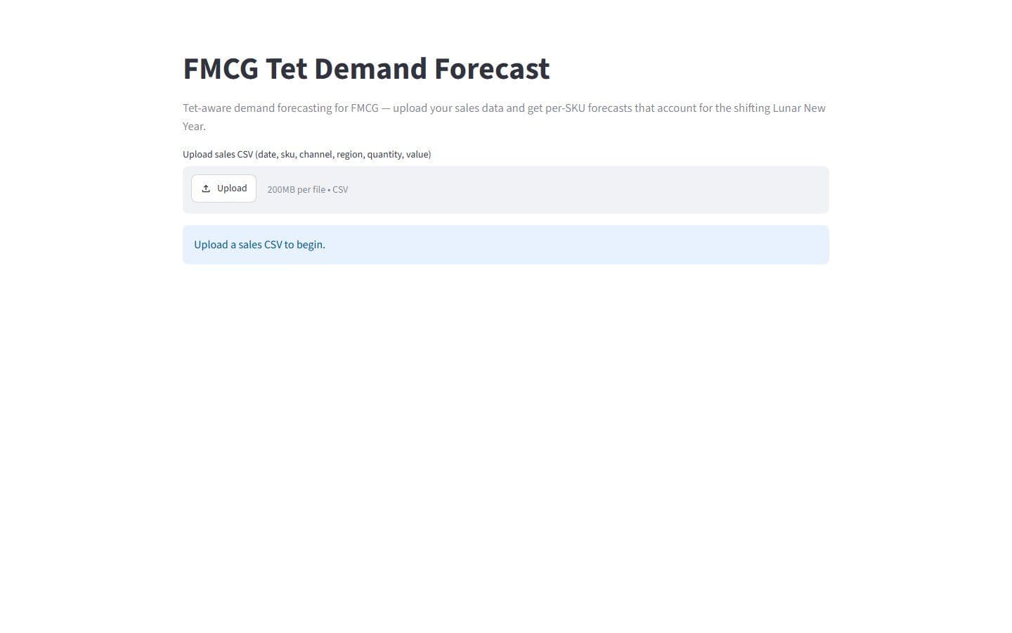 TetCast start screen, asking the user to upload a sales CSV, with the expected columns listed above the upload box.