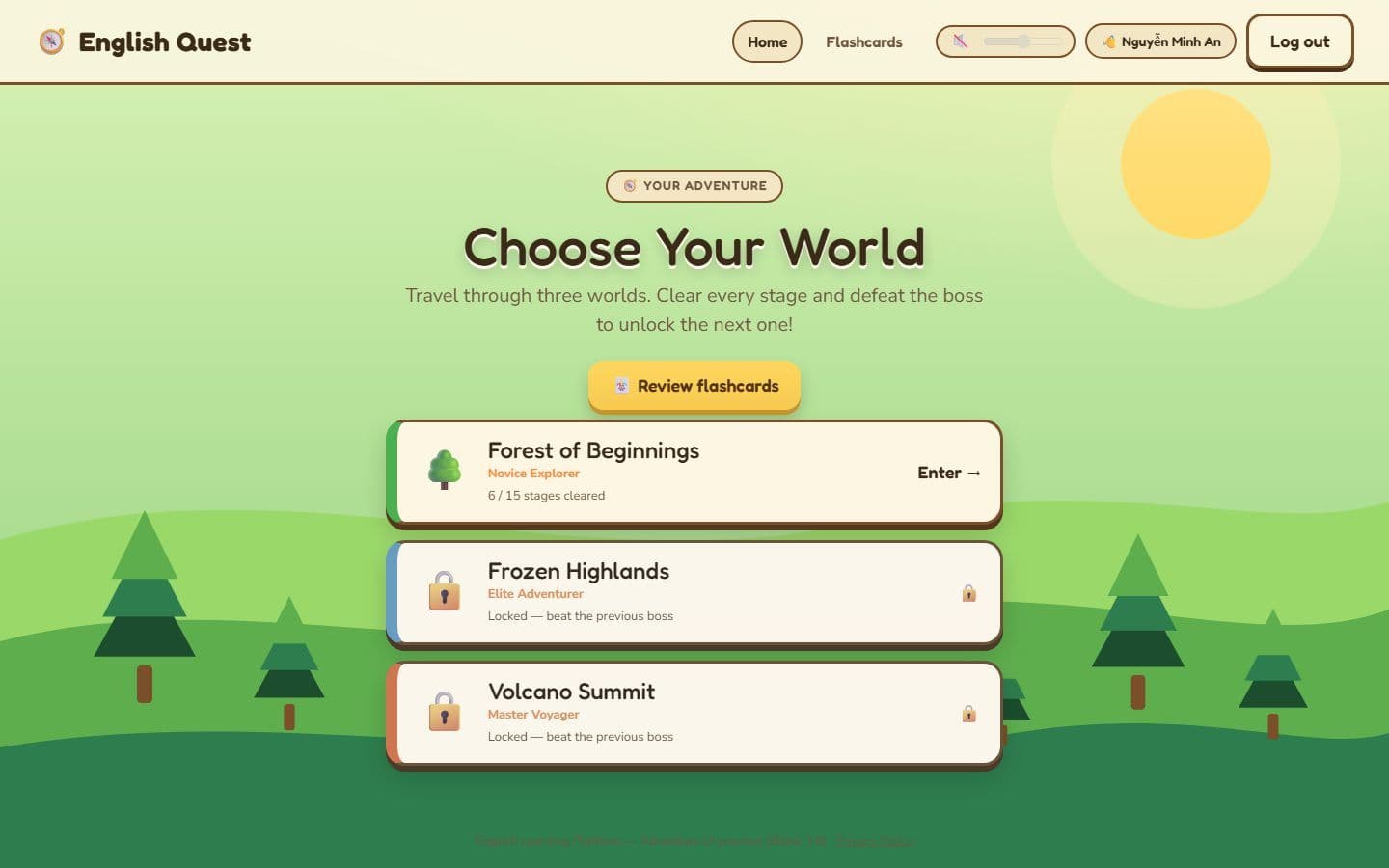 The student world map, showing the three worlds a learner progresses through: Forest of Beginnings, which is open, and Frozen Highlands and Volcano Summit, which are still locked.