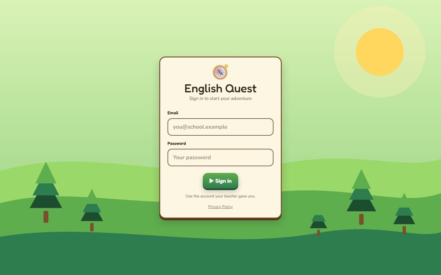 The English Quest sign in screen, where a student logs in with the account their teacher created.