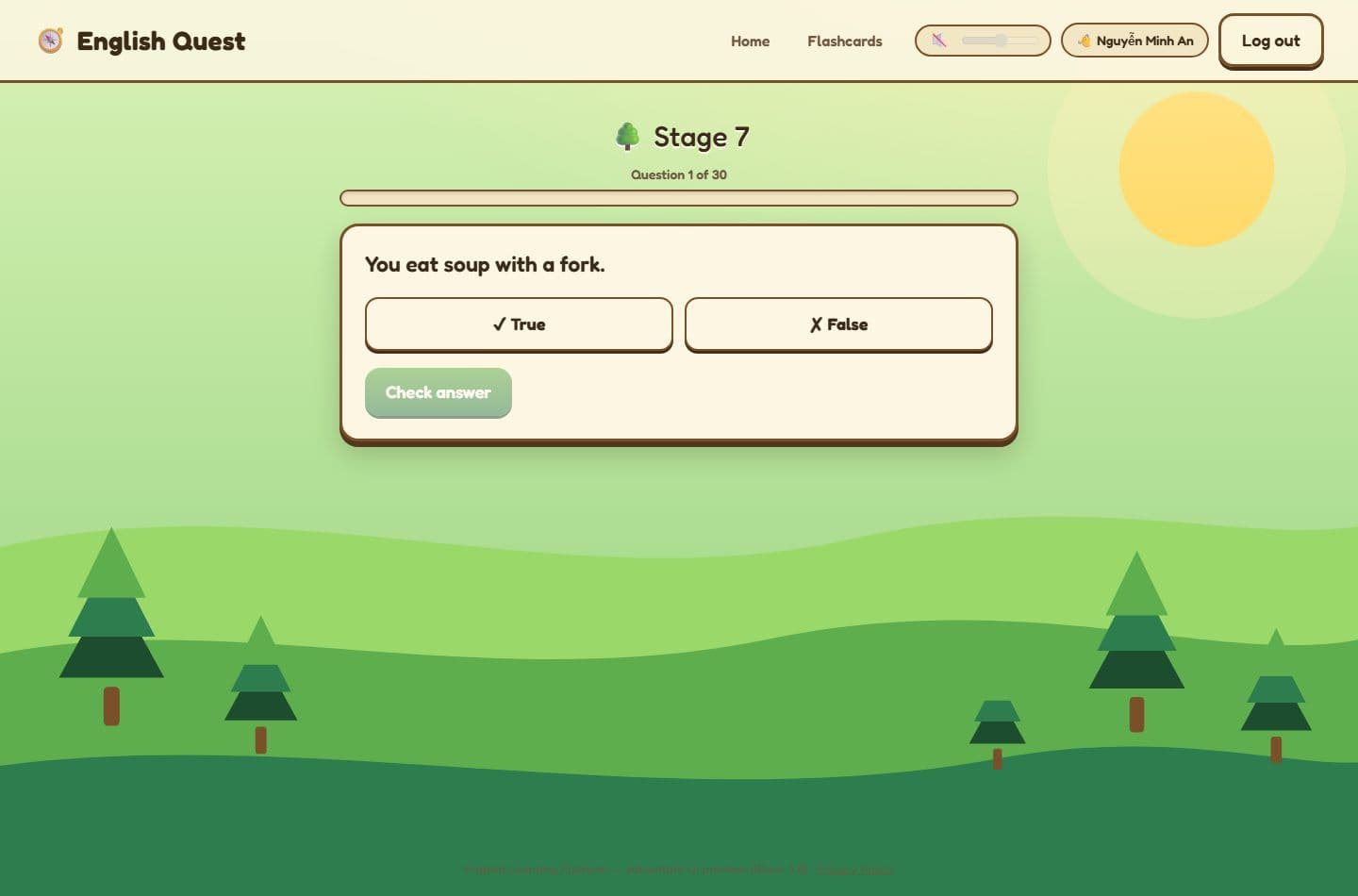 A stage question in the Forest of Beginnings world, showing a question with answer choices and a Check answer button.
