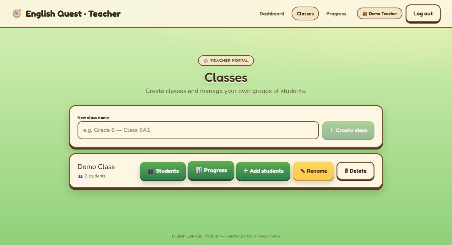 The teacher classes screen, where a teacher creates classes and manages the students in each one.