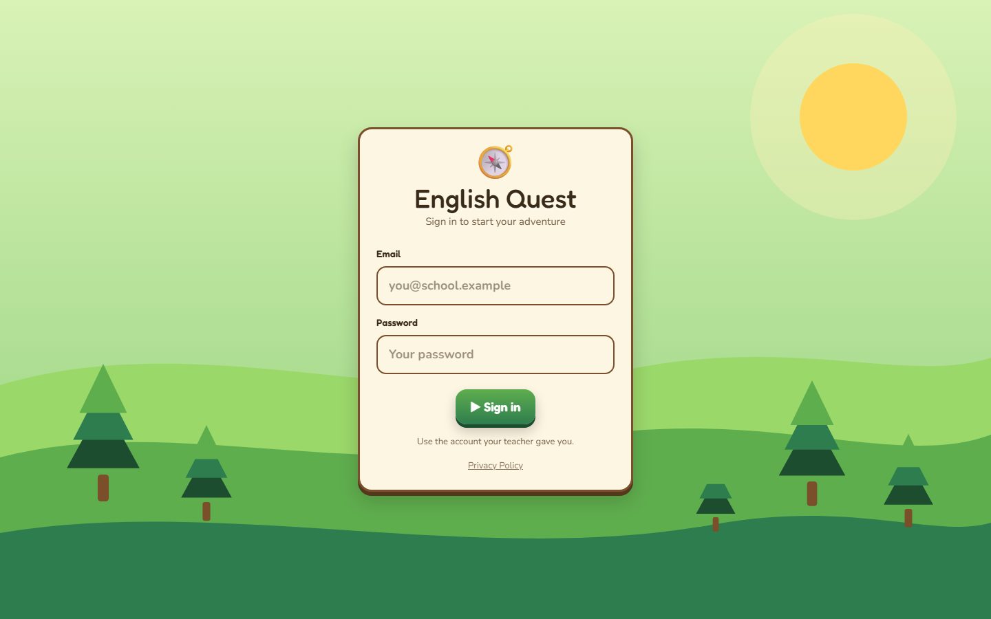 The English Quest sign in screen, where a student logs in with the account their teacher created.