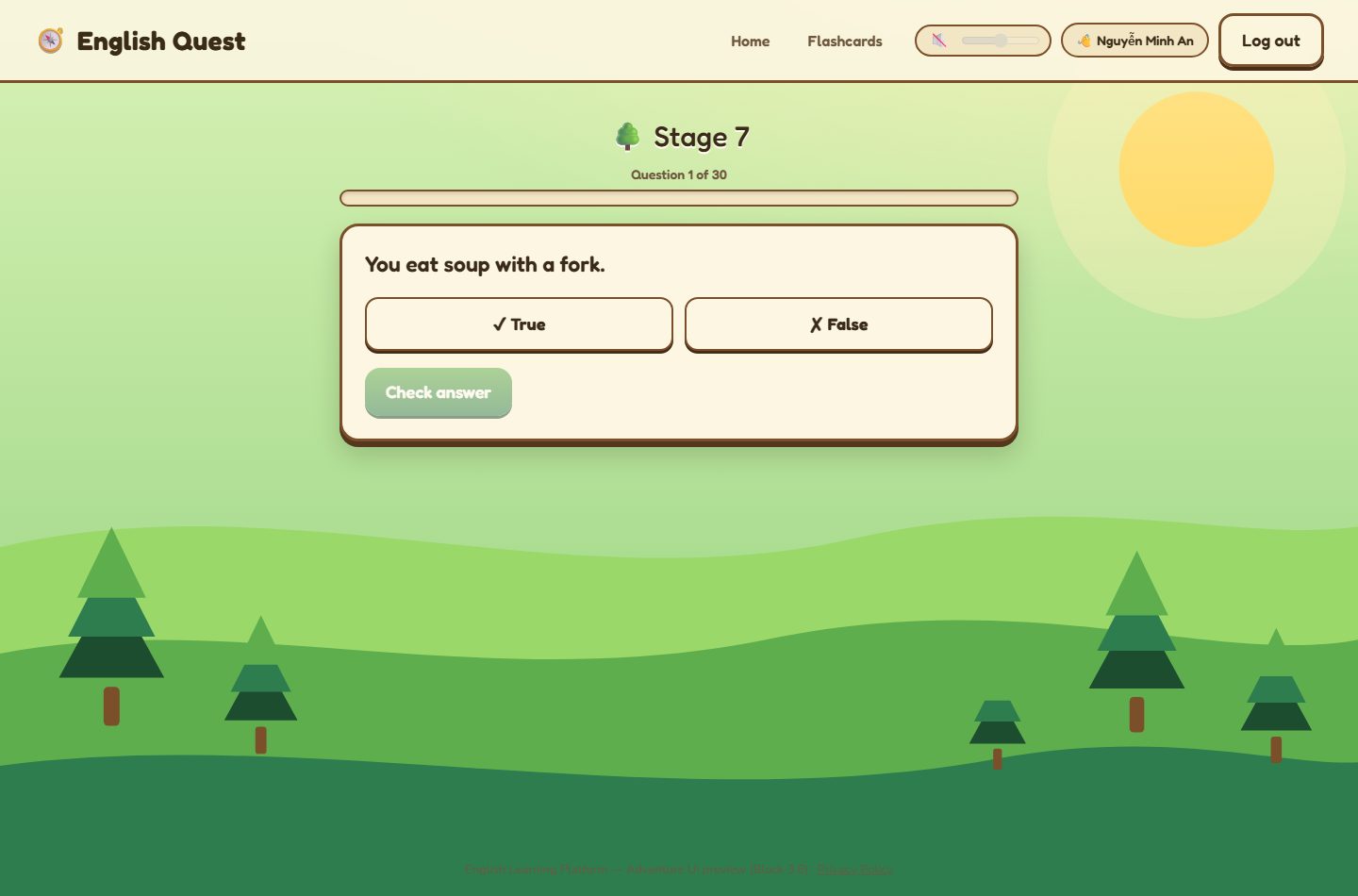 A stage question in the Forest of Beginnings world, showing a question with answer choices and a Check answer button.